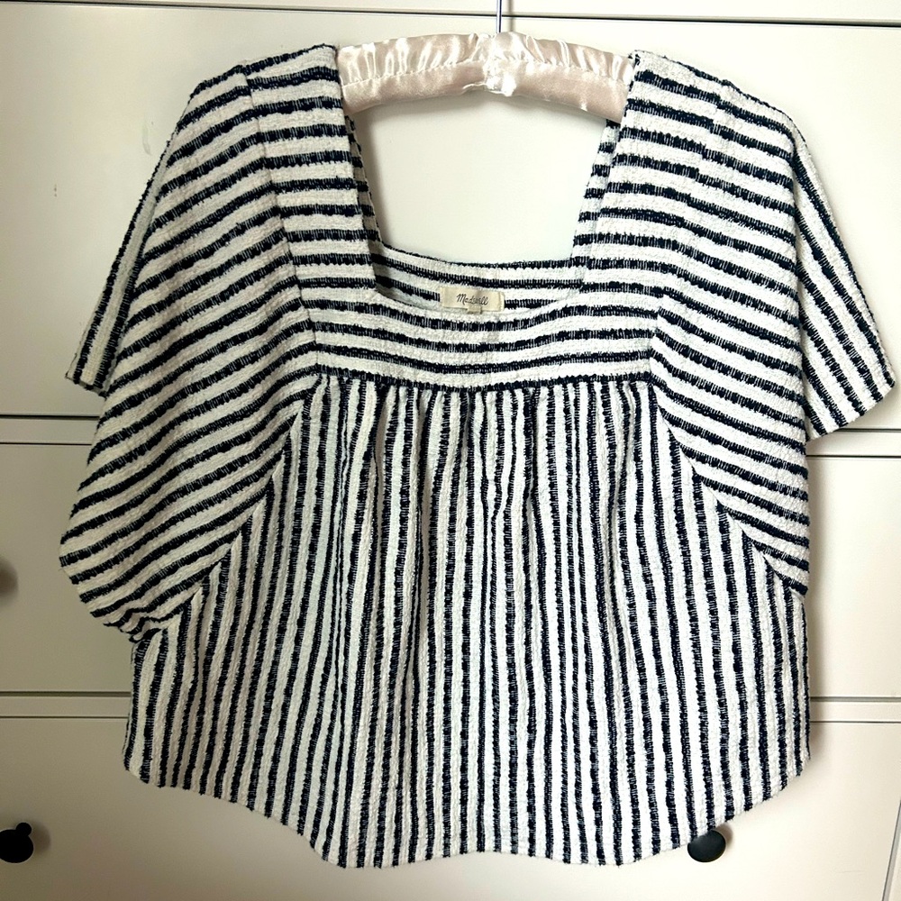 Madewell textured navy stripe butterfly sleeve blouse